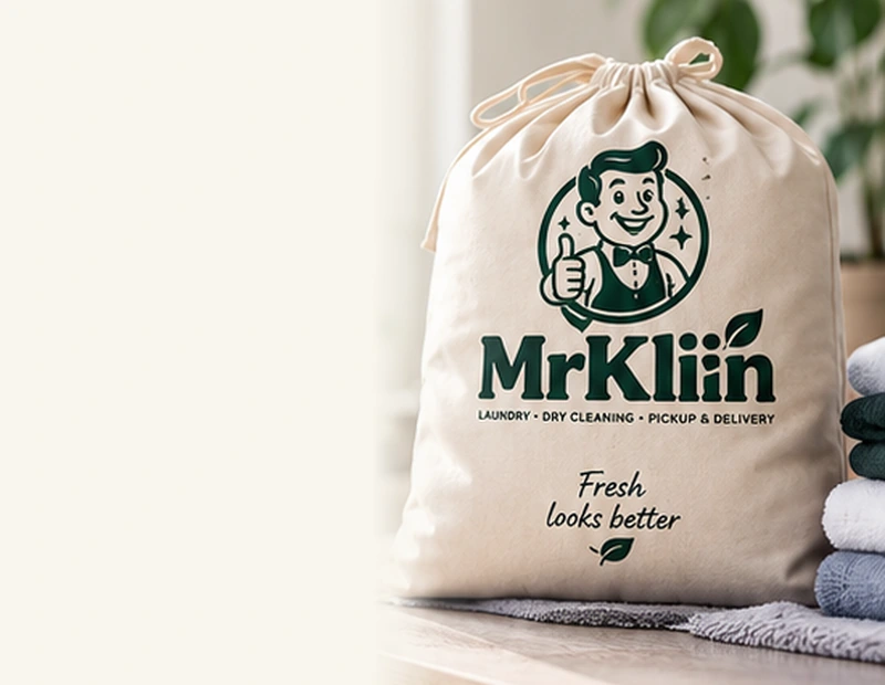 Crèmekleurige MrKliin-wastas met logo naast schone handdoeken